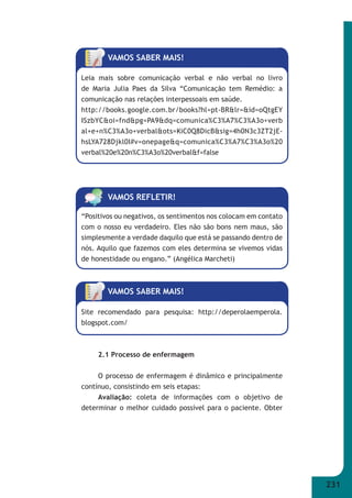 231 
VAMOS SABER MAIS! 
Leia mais sobre comunicação verbal e não verbal no livro 
de Maria Julia Paes da Silva “Comunicação tem Remédio: a 
comunicação nas relações interpessoais em saúde. 
http://books.google.com.br/books?hl=pt-BR&lr=&id=oQtgEY 
ISzbYC&oi=fnd&pg=PA9&dq=comunica%C3%A7%C3%A3o+verb 
al+e+n%C3%A3o+verbal&ots=KiC0Q8DicB&sig=4h0N3c3ZT2jE- 
hsLYA728Djkl0I#v=onepage&q=comunica%C3%A7%C3%A3o%20 
verbal%20e%20n%C3%A3o%20verbal&f=false 
VAMOS REFLETIR! 
“Positivos ou negativos, os sentimentos nos colocam em contato 
com o nosso eu verdadeiro. Eles não são bons nem maus, são 
simplesmente a verdade daquilo que está se passando dentro de 
nós. Aquilo que fazemos com eles determina se vivemos vidas 
de honestidade ou engano.” (Angélica Marcheti) 
VAMOS SABER MAIS! 
Site recomendado para pesquisa: http://deperolaemperola. 
blogspot.com/ 
2.1 Processo de enfermagem 
O processo de enfermagem é dinâmico e principalmente 
contínuo, consistindo em seis etapas: 
Avaliação: coleta de informações com o objetivo de 
determinar o melhor cuidado possível para o paciente. Obter 
 
