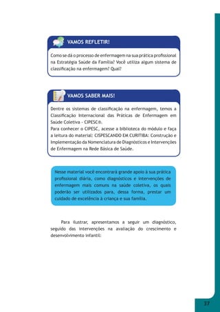 37 
VAMOS REFLETIR! 
Como se dá o processo de enfermagem na sua prática profi ssional 
na Estratégia Saúde da Família? Você utiliza algum sistema de 
classifi cação na enfermagem? Qual? 
VAMOS SABER MAIS! 
Dentre os sistemas de classifi cação na enfermagem, temos a 
Classifi cação Internacional das Práticas de Enfermagem em 
Saúde Coletiva - CIPESC®. 
Para conhecer o CIPESC, acesse a biblioteca do módulo e faça 
a leitura do material: CISPESCANDO EM CURITIBA: Construção e 
Implementação da Nomenclatura de Diagnósticos e Intervenções 
de Enfermagem na Rede Básica de Saúde. 
Nesse material você encontrará grande apoio à sua prática 
profi ssional diária, como diagnósticos e intervenções de 
enfermagem mais comuns na saúde coletiva, os quais 
poderão ser utilizados para, dessa forma, prestar um 
cuidado de excelência à criança e sua família. 
Para ilustrar, apresentamos a seguir um diagnóstico, 
seguido das intervenções na avaliação do crescimento e 
desenvolvimento infantil: 
 