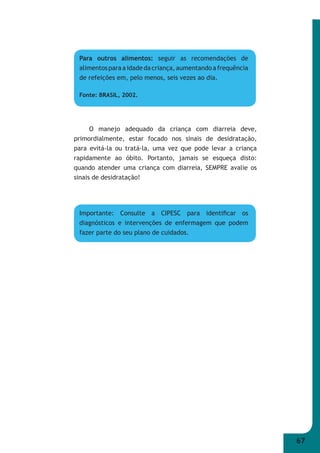 67 
Para outros alimentos: seguir as recomendações de 
alimentos para a idade da criança, aumentando a frequência 
de refeições em, pelo menos, seis vezes ao dia. 
Fonte: BRASIL, 2002. 
O manejo adequado da criança com diarreia deve, 
primordialmente, estar focado nos sinais de desidratação, 
para evitá-la ou tratá-la, uma vez que pode levar a criança 
rapidamente ao óbito. Portanto, jamais se esqueça disto: 
quando atender uma criança com diarreia, SEMPRE avalie os 
sinais de desidratação! 
Importante: Consulte a CIPESC para identifi car os 
diagnósticos e intervenções de enfermagem que podem 
fazer parte do seu plano de cuidados. 
 