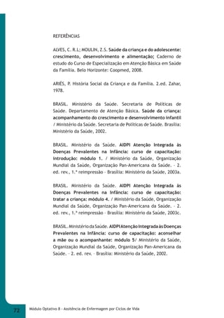 REFERÊNCIAS 
ALVES, C. R.L; MOULIN, Z.S. Saúde da criança e do adolescente: 
crescimento, desenvolvimento e alimentação; Caderno de 
estudo do Curso de Especialização em Atenção Básica em Saúde 
da Família. Belo Horizonte: Coopmed, 2008. 
ARIÉS, P. História Social da Criança e da Família. 2.ed. Zahar, 
1978. 
BRASIL. Ministério da Saúde. Secretaria de Políticas de 
Saúde. Departamento de Atenção Básica. Saúde da criança: 
acompanhamento do crescimento e desenvolvimento infantil 
/ Ministério da Saúde. Secretaria de Políticas de Saúde. Brasília: 
Ministério da Saúde, 2002. 
BRASIL. Ministério da Saúde. AIDPI Atenção Integrada às 
Doenças Prevalentes na Infância: curso de capacitação: 
introdução: módulo 1. / Ministério da Saúde, Organização 
Mundial da Saúde, Organização Pan-Americana da Saúde. – 2. 
ed. rev., 1.ª reimpressão – Brasília: Ministério da Saúde, 2003a. 
BRASIL. Ministério da Saúde. AIDPI Atenção Integrada às 
Doenças Prevalentes na Infância: curso de capacitação: 
tratar a criança: módulo 4. / Ministério da Saúde, Organização 
Mundial da Saúde, Organização Pan-Americana da Saúde. – 2. 
ed. rev., 1.ª reimpressão – Brasília: Ministério da Saúde, 2003c. 
BRASIL. Ministério da Saúde. AIDPI Atenção Integrada às Doenças 
Prevalentes na Infância: curso de capacitação: aconselhar 
a mãe ou o acompanhante: módulo 5/ Ministério da Saúde, 
Organização Mundial da Saúde, Organização Pan-Americana da 
Saúde. – 2. ed. rev. – Brasília: Ministério da Saúde, 2002. 
72 Módulo Optativo 8 - Assitência de Enfermagem por Ciclos de Vida 
 
