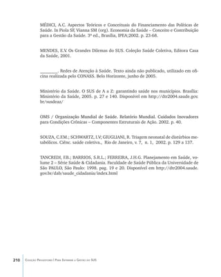 210 Coleção Progestores | Para Entender a Gestão do SUS
MÉDICI, A.C. Aspectos Teóricos e Conceituais do Financiamento das Políticas de
Saúde. In Piola SF, Vianna SM (org). Economia da Saúde – Conceito e Contribuição
para a Gestão da Saúde. 3ª ed., Brasília, IPEA;2002. p. 23-68.
MENDES, E.V. Os Grandes Dilemas do SUS. Coleção Saúde Coletiva, Editora Casa
da Saúde, 2001.
________. Redes de Atenção à Saúde. Texto ainda não publicado, utilizado em ofi-
cina realizada pelo CONASS. Belo Horizonte, junho de 2005.
Ministério da Saúde. O SUS de A a Z: garantindo saúde nos municípios. Brasília:
Ministério da Saúde, 2005. p. 27 e 140. Disponível em http://dtr2004.saude.gov.
br/susdeaz/
OMS / ���������������������������������������������������������������������Organização Mundial de Saúde. Relatório Mundial. Cuidados Inovadores
para Condições Crônicas – Componentes Estruturais de Ação. 2002. p. 40.
SOUZA, C.F.M.; SCHWARTZ, I.V; GIUGLIANI, R. Triagem neonatal de distúrbios me-
tabólicos. Ciênc. saúde coletiva., Rio de Janeiro, v. 7, n. 1, 2002. p. 129 a 137.
TANCREDI, F.B.; BARRIOS, S.R.L.; FERREIRA, J.H.G. Planejamento em Saúde, vo-
lume 2 – Série Saúde & Cidadania. Faculdade de Saúde Pública da Universidade de
São PAULO, São Paulo: 1998. pag. 19 e 20. Disponível em http://dtr2004.saude.
gov.br/dab/saude_cidadania/index.html
livro9f1.indd 210 2/21/aaaa 10:16:59
 