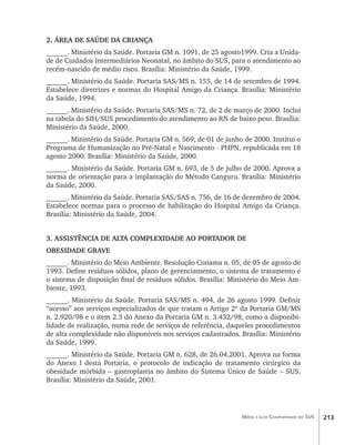 213Média e alta Complexidade no SUS
2. ÁREA DE SAÚDE DA CRIANÇA
______. Ministério da Saúde. Portaria GM n. 1091, de 25 agosto1999. Cria a Unida-
de de Cuidados Intermediários Neonatal, no âmbito do SUS, para o atendimento ao
recém-nascido de médio risco. Brasília: Ministério da Saúde, 1999.
______. Ministério da Saúde. Portaria SAS/MS n. 155, de 14 de setembro de 1994.
Estabelece diretrizes e normas do Hospital Amigo da Criança. Brasília: Ministério
da Saúde, 1994.
______. Ministério da Saúde. Portaria SAS/MS n. 72, de 2 de março de 2000. Inclui
na tabela do SIH/SUS procedimento do atendimento ao RN de baixo peso. Brasília:
Ministério da Saúde, 2000.
______. Ministério da Saúde. Portaria GM n. 569, de 01 de junho de 2000. Institui o
Programa de Humanização no Pré-Natal e Nascimento - PHPN, republicada em 18
agosto 2000. Brasília: Ministério da Saúde, 2000.
______. Ministério da Saúde. Portaria GM n. 693, de 5 de julho de 2000. Aprova a
norma de orientação para a implantação do Método Canguru. Brasília: Ministério
da Saúde, 2000.
______. Ministério da Saúde. Portaria SAS/SAS n. 756, de 16 de dezembro de 2004.
Estabelece normas para o processo de habilitação do Hospital Amigo da Criança.
Brasília: Ministério da Saúde, 2004.
3. ASSISTÊNCIA DE ALTA COMPLEXIDADE AO PORTADOR DE
OBESIDADE GRAVE
______. Ministério do Meio Ambiente. Resolução Conama n. 05, de 05 de agosto de
1993. Define resíduos sólidos, plano de gerenciamento, o sistema de tratamento e
o sistema de disposição final de resíduos sólidos. Brasília: Ministério do Meio Am-
biente, 1993.
______. Ministério da Saúde. Portaria SAS/MS n. 494, de 26 agosto 1999. Definir
“acesso” aos serviços especializados de que tratam o Artigo 2º da Portaria GM/MS
n. 2.920/98 e o item 2.3 do Anexo da Portaria GM n. 3.432/98, como a disponibi-
lidade de realização, numa rede de serviços de referência, daqueles procedimentos
de alta complexidade não disponíveis nos serviços cadastrados. Brasília: Ministério
da Saúde, 1999.
______. Ministério da Saúde. Portaria GM n. 628, de 26.04.2001. Aprova na forma
do Anexo I desta Portaria, o protocolo de indicação de tratamento cirúrgico da
obesidade mórbida – gastroplastia no âmbito do Sistema Único de Saúde – SUS.
Brasília: Ministério da Saúde, 2001.
livro9f1.indd 213 2/21/aaaa 10:16:59
 