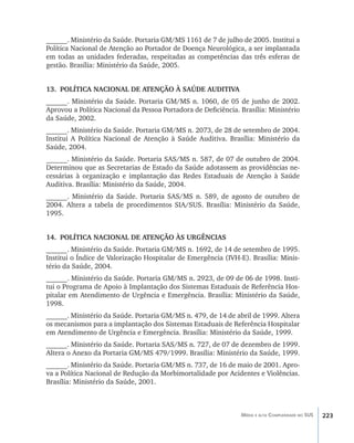 223Média e alta Complexidade no SUS
______. Ministério da Saúde. Portaria GM/MS 1161 de 7 de julho de 2005. Institui a
Política Nacional de Atenção ao Portador de Doença Neurológica, a ser implantada
em todas as unidades federadas, respeitadas as competências das três esferas de
gestão. Brasília: Ministério da Saúde, 2005.
13.	 POLÍTICA NACIONAL DE ATENÇÃO À SAÚDE AUDITIVA
______. Ministério da Saúde. Portaria GM/MS n. 1060, de 05 de junho de 2002.
Aprovou a Política Nacional da Pessoa Portadora de Deficiência. Brasília: Ministério
da Saúde, 2002.
______. Ministério da Saúde. Portaria GM/MS n. 2073, de 28 de setembro de 2004.
Institui A Política Nacional de Atenção à Saúde Auditiva. Brasília: Ministério da
Saúde, 2004.
______. Ministério da Saúde. Portaria SAS/MS n. 587, de 07 de outubro de 2004.
Determinou que as Secretarias de Estado da Saúde adotassem as providências ne-
cessárias à organização e implantação das Redes Estaduais de Atenção à Saúde
Auditiva. Brasília: Ministério da Saúde, 2004.
______. Ministério da Saúde. Portaria SAS/MS n. 589, de agosto de outubro de
2004. Altera a tabela de procedimentos SIA/SUS. Brasília: Ministério da Saúde,
1995.
14.	 POLÍTICA NACIONAL DE ATENÇÃO ÀS URGÊNCIAS
______. Ministério da Saúde. Portaria GM/MS n. 1692, de 14 de setembro de 1995.
Institui o Índice de Valorização Hospitalar de Emergência (IVH-E). Brasília: Minis-
tério da Saúde, 2004.
______. Ministério da Saúde. Portaria GM/MS n. 2923, de 09 de 06 de 1998. Insti-
tui o Programa de Apoio à Implantação dos Sistemas Estaduais de Referência Hos-
pitalar em Atendimento de Urgência e Emergência. Brasília: Ministério da Saúde,
1998.
______. Ministério da Saúde. Portaria GM/MS n. 479, de 14 de abril de 1999. Altera
os mecanismos para a implantação dos Sistemas Estaduais de Referência Hospitalar
em Atendimento de Urgência e Emergência. Brasília: Ministério da Saúde, 1999.
______. Ministério da Saúde. Portaria SAS/MS n. 727, de 07 de dezembro de 1999.
Altera o Anexo da Portaria GM/MS 479/1999. Brasília: Ministério da Saúde, 1999.
______. Ministério da Saúde. Portaria GM/MS n. 737, de 16 de maio de 2001. Apro-
va a Política Nacional de Redução da Morbimortalidade por Acidentes e Violências.
Brasília: Ministério da Saúde, 2001.
livro9f1.indd 223 2/21/aaaa 10:17:00
 