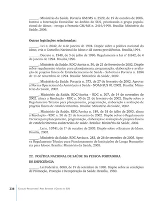 238 Coleção Progestores | Para Entender a Gestão do SUS
______. Ministério da Saúde. Portaria GM/MS n. 2529, de 19 de outubro de 2006.
Institui a Internação Domiciliar no âmbito do SUS, priorizando o grupo popula-
cional de idosos - revoga a Portaria GM/MS n. 2416/1998. Brasília: Ministério da
Saúde, 2006.
Outras legislações relacionadas:
______. Lei n. 8842, de 4 de janeiro de 1994. Dispõe sobre a política nacional do
idoso, cria o Conselho Nacional do Idoso e dá outras providências. Brasília,1994.
______. Decreto n. 1948, de 3 de julho de 1996. Regulamenta a Lei n° 8.842, de 4
de janeiro de 1994. Brasília,1996.
______. Ministério da Saúde. RDC/Anvisa n. 50, de 21 de fevereiro de 2002. Dispõe
sobre regulamento técnico para planejamento, programação, elaboração e avalia-
ção de projetos físicos de Estabelecimentos de Saúde - Substitui a Portaria n. 1884
de 11 de novembro de 1994. Brasília: Ministério da Saúde, 2002.
______. Ministério da Saúde. Portaria n. 373, de 27 de fevereiro de 2002. Aprovar
a Norma Operacional da Assistência à Saúde - NOAS-SUS 01/2002. Brasília: Minis-
tério da Saúde, 2002.
______. Ministério da Saúde. RDC/Anvisa – RDC n. 307, de 14 de novembro de
2002. altera a Resolução - RDC n. 50 de 21 de fevereiro de 2002. Dispõe sobre o
Regulamento Técnico para planejamento, programação, elaboração e avaliação de
projetos físicos de estabelecimentos. Brasília: Ministério da Saúde, 2002.
______. Ministério da Saúde. RDC/Anvisa n. 189, de 18 de julho de 2003, altera
a Resolução - RDC n. 50 de 21 de fevereiro de 2002. Dispõe sobre o Regulamento
Técnico para planejamento, programação, elaboração e avaliação de projetos físicos
de estabelecimentos assistenciais de saúde. Brasília: Ministério da Saúde, 2002.
______. Lei n. 10741, de 1º de outubro de 2003. Dispõe sobre o Estatuto do Idoso.
Brasília, 2003.
______. Ministério da Saúde. RDC Anvisa n. 283, de 26 de setembro de 2005. Apro-
va Regulamento Técnico para Funcionamento de Instituições de Longa Permanên-
cia para Idosos. Brasília: Ministério da Saúde, 2005.
22.	 POLÍTICA NACIONAL DE SAÚDE DA PESSOA PORTADORA
DE DEFICIÊNCIA
______. Lei Federal n. 8080, de 19 de setembro de 1980. Dispõe sobre as condições
de Promoção, Proteção e Recuperação da Saúde. Brasília, 1980.
livro9f1.indd 238 2/21/aaaa 10:17:02
 
