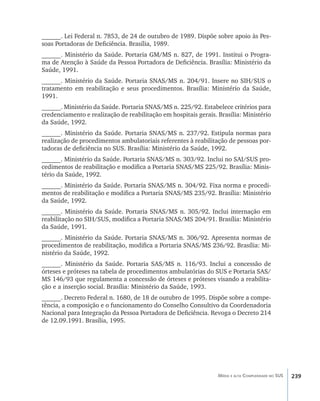 239Média e alta Complexidade no SUS
______. Lei Federal n. 7853, de 24 de outubro de 1989. Dispõe sobre apoio às Pes-
soas Portadoras de Deficiência. Brasília, 1989.
______. Ministério da Saúde. Portaria GM/MS n. 827, de 1991. Institui o Progra-
ma de Atenção à Saúde da Pessoa Portadora de Deficiência. Brasília: Ministério da
Saúde, 1991.
______. Ministério da Saúde. Portaria SNAS/MS n. 204/91. Insere no SIH/SUS o
tratamento em reabilitação e seus procedimentos. Brasília: Ministério da Saúde,
1991.
______. Ministério da Saúde. Portaria SNAS/MS n. 225/92. Estabelece critérios para
credenciamento e realização de reabilitação em hospitais gerais. Brasília: Ministério
da Saúde, 1992.
______. Ministério da Saúde. Portaria SNAS/MS n. 237/92. Estipula normas para
realização de procedimentos ambulatoriais referentes à reabilitação de pessoas por-
tadoras de deficiência no SUS. Brasília: Ministério da Saúde, 1992.
______. Ministério da Saúde. Portaria SNAS/MS n. 303/92. Inclui no SAI/SUS pro-
cedimentos de reabilitação e modifica a Portaria SNAS/MS 225/92. Brasília: Minis-
tério da Saúde, 1992.
______. Ministério da Saúde. Portaria SNAS/MS n. 304/92. Fixa norma e procedi-
mentos de reabilitação e modifica a Portaria SNAS/MS 235/92. Brasília: Ministério
da Saúde, 1992.
______. Ministério da Saúde. Portaria SNAS/MS n. 305/92. Inclui internação em
reabilitação no SIH/SUS, modifica a Portaria SNAS/MS 204/91. Brasília: Ministério
da Saúde, 1991.
______. Ministério da Saúde. Portaria SNAS/MS n. 306/92. Apresenta normas de
procedimentos de reabilitação, modifica a Portaria SNAS/MS 236/92. Brasília: Mi-
nistério da Saúde, 1992.
______. Ministério da Saúde. Portaria SAS/MS n. 116/93. Inclui a concessão de
órteses e próteses na tabela de procedimentos ambulatórias do SUS e Portaria SAS/
MS 146/93 que regulamenta a concessão de órteses e próteses visando a reabilita-
ção e a inserção social. Brasília: Ministério da Saúde, 1993.
______. Decreto Federal n. 1680, de 18 de outubro de 1995. Dispõe sobre a compe-
tência, a composição e o funcionamento do Conselho Consultivo da Coordenadoria
Nacional para Integração da Pessoa Portadora de Deficiência. Revoga o Decreto 214
de 12.09.1991. Brasília, 1995.
livro9f1.indd 239 2/21/aaaa 10:17:02
 