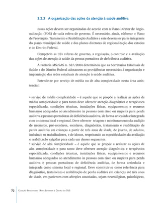 72 Coleção Progestores | Para Entender a Gestão do SUS
3.2.3 A organização das ações da atenção à saúde auditiva
Essas ações devem ser organizadas de acordo com o Plano Diretor de Regio-
nalização (PDR) de cada esfera de governo. É necessário, ainda, elaborar o Plano
de Prevenção, Tratamento e Reabilitação Auditiva e este deverá ser parte integrante
do plano municipal de saúde e dos planos diretores de regionalização dos estados
e do Distrito Federal.
Competem as três esferas de governo, a regulação, o controle e a avaliação
das ações de atenção à saúde da pessoa portadora de deficiência auditiva.
A Portaria MS/SAS n. 587/2004 determinou que as Secretarias Estaduais de
Saúde e do Distrito Federal adotassem as providências necessárias à organização e
implantação das redes estaduais de atenção à saúde auditiva.
Entende-se por serviço de média ou de alta complexidade nesta área assis-
tencial:
•	serviço de média complexidade – é aquele que se propõe a realizar as ações de
média complexidade e para tanto deve oferecer atenção diagnóstica e terapêutica
especializada, condições técnicas, instalações físicas, equipamentos e recursos
humanos adequados ao atendimento às pessoas com risco ou suspeita para perda
auditiva e pessoas portadoras de deficiência auditiva, de forma articulada e integrada
com o sistema local e regional. Deve oferecer triagem e monitoramento da audição
de neonatos, pré-escolares, escolares, diagnóstico, tratamento e reabilitação de
perda auditiva em crianças a partir de três anos de idade, de jovens, de adultos,
incluindo os trabalhadores, e de idosos, respeitando as especificidades da avaliação
e reabilitação exigidas para cada um desses segmentos.
•	serviço de alta complexidade – é aquele que se propõe a realizar as ações de
alta complexidade e para tanto deve oferecer atenção diagnóstica e terapêutica
especializada, condições técnicas, instalações físicas, equipamentos e recursos
humanos adequados ao atendimento às pessoas com risco ou suspeita������������para perda
auditiva e pessoas portadoras de deficiência auditiva, de forma articulada e
integrada como sistema local e regional. Deve constituir-se como referência para
diagnóstico, tratamento e reabilitação de perda auditiva em crianças até três anos
de idade, em pacientes com afecções associadas, sejam neurológicas, psicológicas,
livro9f1.indd 72 2/21/aaaa 10:16:45
 
