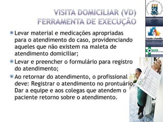 Levar material e medicações apropriadas para o atendimento do caso, providenciando aqueles que não existem na maleta de atendimento domiciliar; Levar e preencher o formulário para registro do atendimento; Ao retornar do atendimento, o profissional deve: Registrar o atendimento no prontuário; Dar a equipe e aos colegas que atendem o paciente retorno sobre o atendimento. 
