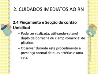 2. CUIDADOS IMEDIATOS AO RN
2.4 Pinçamento e Secção do cordão
Umbilical
– Pode ser realizada, utilizando-se anel
duplo de borracha ou clamp comercial de
plástico.
– Observar durante este procedimento a
presença normal de duas artérias e uma
veia.
 
