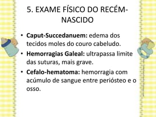 5. EXAME FÍSICO DO RECÉM-
NASCIDO
• Caput-Succedanuem: edema dos
tecidos moles do couro cabeludo.
• Hemorragias Galeal: ultrapassa limite
das suturas, mais grave.
• Cefalo-hematoma: hemorragia com
acúmulo de sangue entre periósteo e o
osso.
 