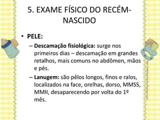 5. EXAME FÍSICO DO RECÉM-
NASCIDO
• PELE:
– Descamação fisiológica: surge nos
primeiros dias – descamação em grandes
retalhos, mais comuns no abdômen, mãos
e pés.
– Lanugem: são pêlos longos, finos e ralos,
localizados na face, orelhas, dorso, MMSS,
MMII, desaparecendo por volta do 1º
mês.
 