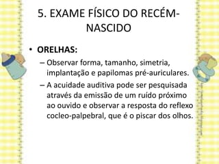 5. EXAME FÍSICO DO RECÉM-
NASCIDO
• ORELHAS:
– Observar forma, tamanho, simetria,
implantação e papilomas pré-auriculares.
– A acuidade auditiva pode ser pesquisada
através da emissão de um ruído próximo
ao ouvido e observar a resposta do reflexo
cocleo-palpebral, que é o piscar dos olhos.
 