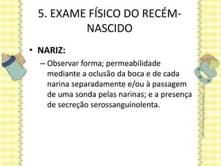 5. EXAME FÍSICO DO RECÉM-
NASCIDO
• NARIZ:
– Observar forma; permeabilidade
mediante a oclusão da boca e de cada
narina separadamente e/ou à passagem
de uma sonda pelas narinas; e a presença
de secreção serossanguinolenta.
 