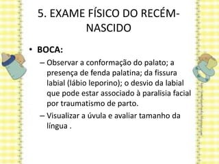 5. EXAME FÍSICO DO RECÉM-
NASCIDO
• BOCA:
– Observar a conformação do palato; a
presença de fenda palatina; da fissura
labial (lábio leporino); o desvio da labial
que pode estar associado à paralisia facial
por traumatismo de parto.
– Visualizar a úvula e avaliar tamanho da
língua .
 