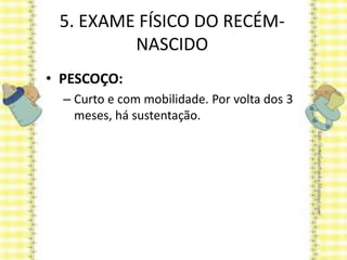 5. EXAME FÍSICO DO RECÉM-
NASCIDO
• PESCOÇO:
– Curto e com mobilidade. Por volta dos 3
meses, há sustentação.
 