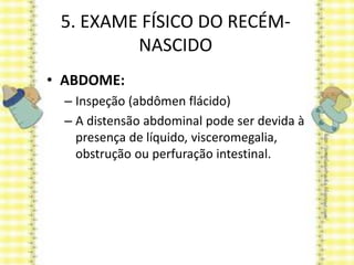 5. EXAME FÍSICO DO RECÉM-
NASCIDO
• ABDOME:
– Inspeção (abdômen flácido)
– A distensão abdominal pode ser devida à
presença de líquido, visceromegalia,
obstrução ou perfuração intestinal.
 