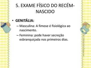 5. EXAME FÍSICO DO RECÉM-
NASCIDO
• GENITÁLIA:
– Masculina: A fimose é fisiológica ao
nascimento.
– Feminina: pode haver secreção
esbranquiçada nos primeiros dias.
 