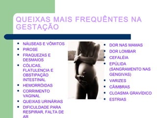 QUEIXAS MAIS FREQUÊNTES NA
GESTAÇÃO
 NÁUSEAS E VÔMITOS
 PIROSE
 FRAQUEZAS E
DESMAIOS
 CÓLICAS,
FLATULENCIA E
OBSTIPAÇÃO
INTESTINAL
 HEMORRÓIDAS
 CORRIMENTO
VAGINAL
 QUEIXAS URINÁRIAS
 DIFICULDADE PARA
RESPIRAR, FALTA DE
 DOR NAS MAMAS
 DOR LOMBAR
 CEFALÉIA
 EPÚLIDA
(SANGRAMENTO NAS
GENGIVAS)
 VARIZES
 CÃIMBRAS
 CLOASMA GRAVÍDICO
 ESTRIAS
 