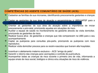 COMPETÊNCIAS DO AGENTE COMUNITÁRIO DE SAÚDE (ACS):
 Cadastrar as famílias da sua microarea, identificando precocemente gestantes e crianças
 Captar as gestantes da sua área de atuação e encaminhá-las à UBS/UAPSF para a
inscrição no Pré – natal
 Orientar as gestantes de sua área de atuação sobre a importância de iniciar
precocemente o pré-natal, priorizando aquelas em situações de risco.
 Auxiliar a equipe de saúde no monitoramento da gestante através da visita domiciliar,
priorizando as gestantes de risco.
 Realizar busca ativa de gestantes e crianças que não comparecem na UBS para o seu
acompanhamento
 Captar as puérperas para consultas pós-parto, priorizando as puérperas com risco
reprodutivo.
 Realizar visita domiciliar precoce para os recém-nascidos que tiveram alta hospitalar.
 Incentivar o aleitamento materno exclusivo – ACS “amigo do peito”.
 Garantir o retorno das crianças para vacinações e controle de puericultura.
 Acompanhar todas as crianças de risco durante o primeiro ano de vida, informando a
equipe sinais de risco social, biológico e clinico e/ou situações de risco de violência.
 