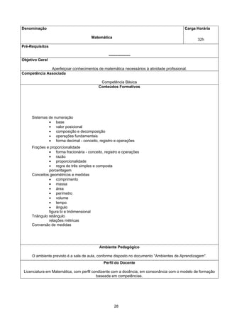 28
Denominação
Matemática
Carga Horária
32h
Pré-Requisitos
-----------------
Objetivo Geral
Aperfeiçoar conhecimentos de matemática necessários à atividade profissional.
Competência Associada
Competência Básica
Conteúdos Formativos
Sistemas de numeração
• base
• valor posicional
• composição e decomposição
• operações fundamentais
• forma decimal - conceito, registro e operações
Frações e proporcionalidade
• forma fracionária - conceito, registro e operações
• razão
• proporcionalidade
• regra de três simples e composta
porcentagem
Conceitos geométricos e medidas
• comprimento
• massa
• área
• perímetro
• volume
• tempo
• ângulo
figura bi e tridimensional
Triângulo retângulo
relações métricas
Conversão de medidas
Ambiente Pedagógico
O ambiente previsto é a sala de aula, conforme disposto no documento "Ambientes de Aprendizagem".
Perfil do Docente
Licenciatura em Matemática, com perfil condizente com a docência, em consonância com o modelo de formação
baseada em competências.
 