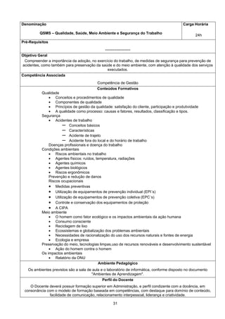 31
Denominação
QSMS – Qualidade, Saúde, Meio Ambiente e Segurança do Trabalho
Carga Horária
24h
Pré-Requisitos
--------------------
Objetivo Geral
Compreender a importância da adoção, no exercício do trabalho, de medidas de segurança para prevenção de
acidentes, como também para preservação da saúde e do meio ambiente, com atenção à qualidade dos serviços
executados.
Competência Associada
Competência de Gestão
Conteúdos Formativos
Qualidade
• Conceitos e procedimentos de qualidade
• Componentes de qualidade
• Princípios de gestão da qualidade: satisfação do cliente, participação e produtividade
• A qualidade como processo: causas e fatores, resultados, classificação e tipos.
Segurança
• Acidentes de trabalho
─ Conceitos básicos
─ Características
─ Acidente de trajeto
─ Acidente fora do local e do horário de trabalho
Doenças profissionais e doença do trabalho
Condições ambientais
• Riscos ambientais no trabalho
• Agentes físicos: ruídos, temperatura, radiações
• Agentes químicos
• Agentes biológicos
• Riscos ergonômicos
Prevenção e redução de danos
Riscos ocupacionais
• Medidas preventivas
• Utilização de equipamentos de prevenção individual (EPI´s)
• Utilização de equipamentos de prevenção coletiva (EPC´s)
• Controle e conservação dos equipamentos de proteção
• A CIPA
Meio ambiente
• O homem como fator ecológico e os impactos ambientais da ação humana
• Consumo consciente
• Reciclagem de lixo
• Ecossistemas e globalização dos problemas ambientais
• Necessidades de racionalização do uso dos recursos naturais e fontes de energia
• Ecologia e empresa
Preservação do meio, tecnologias limpas,uso de recursos renováveis e desenvolvimento sustentável
• Ação do homem contra o homem
Os impactos ambientais
• Relatório da ONU
Ambiente Pedagógico
Os ambientes previstos são a sala de aula e o laboratório de informática, conforme disposto no documento
"Ambientes de Aprendizagem".
Perfil do Docente
O Docente deverá possuir formação superior em Administração, e perfil condizente com a docência, em
consonância com o modelo de formação baseada em competências, com destaque para domínio de conteúdo,
facilidade de comunicação, relacionamento interpessoal, liderança e criatividade.
 