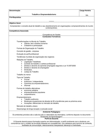 32
Denominação
Trabalho e Empreendedorismo
Carga Horária
16h
Pré-Requisitos
---------
Objetivo Geral
Compreender o conceito atual de trabalho e seu desdobramento em organizações e empreendimentos do mundo
contemporâneo.
Competência Associada
Competência de Gestão
Conteúdos Formativos
Transformações no Mundo do Trabalho
• Valores, leis e direitos humanos
• Cidadania e participação
Formas de Organização do Trabalho
Conceito de gestão - empresa
Evolução do perfil profissional
Tendências mundiais de organização dos negócios
Relações de Trabalho
• Legislação Trabalhista
• Contrato de trabalho e carteira profissional
• Direitos e deveres do aprendiz empregado segundo a Lei 10.097/2000
• Direitos e deveres do empregador
• Sindicatos
• Justiça do Trabalho
Trabalho do menor
Tipos de Trabalho
• Formal
• Autônomo / independente
• Caminhos do empreendedorismo
• Informal
Formas de trabalho alternativas
• economia solidária
• empreendimentos populares
• cooperativismo
Empreendedorismo
• Trabalho autônomo
• Mudanças ocupacionais da década de 90 e tendências para os próximos anos
• Inovações: diferenciais no mercado de trabalho
Mercado de trabalho urbano
Desemprego de longa duração e exclusão social
Ambiente Pedagógico
Os ambientes previstos são a sala de aula e o laboratório de informática, conforme disposto no documento
"Ambientes de Aprendizagem".
Perfil do Docente
O Docente deverá possuir formação superior em Administração, e perfil condizente com a docência, em
consonância com o modelo de formação baseada em competências, com destaque para domínio de conteúdo,
facilidade de comunicação, relacionamento interpessoal, liderança e criatividade.
 