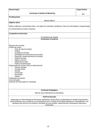 35
Denominação
Introdução à Gestão de Marketing
Carga Horária
56h
Pré-Requisitos
Módulo Básico
Objetivo Geral
Utilizar softwares e ferramentas afins, nas ações de marketing, facilitando o fluxo de informações e disseminação
do conhecimento por toda a empresa.
Competência Associada
Competência de Gestão
Conteúdos Formativos
Pesquisa de mercado
Política de venda
- Ciclo de vida do produto
- Análise
- Inovação do produto
- Estratégias de sobrevivência do produto
- Pesquisa e desenvolvimento do produto
- Política de preço
- Oferta x procura
- Influência da mídia
- Política de distribuição
Organização de vendas interna e externamente
- Vendas indiretas
- Comissionistas
- Vendas
- Comerciais
- Promoções
- Cliente
Fidelização de clientes
A comunicação
Sistemas de informação em marketing
Ambiente Pedagógico
Sala de aula e laboratório de informática.
Perfil do Docente
Graduação em Administração de Empresas, Marketing e áreas afins ou Especialista em Gestão Empresarial e
perfil condizente com a docência, em consonância com o modelo de formação baseada em competências, com
destaque para domínio de conteúdo, facilidade de comunicação, relacionamento interpessoal, liderança e
criatividade.
 
