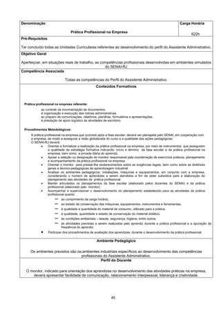 45
Denominação
Prática Profissional na Empresa
Carga Horária
622h
Pré-Requisitos
Ter concluído todas as Unidades Curriculares referentes ao desenvolvimento do perfil do Assistente Administrativo.
Objetivo Geral
Aperfeiçoar, em situações reais de trabalho, as competências profissionais desenvolvidas em ambientes simulados
do SENAI-RJ
Competência Associada
Todas as competências do Perfil do Assistente Administrativo.
Conteúdos Formativos
Prática profissional na empresa referente:
ao controle da movimentação de documentos.
à organização e execução das rotinas administrativas.
ao preparo de comunicações, relatórios, planilhas, formulários e apresentações.
à prestação de apoio logístico às atividades de escritório.
Procedimentos Metodológicos:
A prática profissional na empresa,que ocorrerá após a fase escolar, deverá ser planejada pelo SENAI, em cooperação com
a empresa, de modo a assegurar a visão globalizada do curso e a qualidade das ações pedagógicas.
O SENAI-RJ deverá:
• Orientar e formalizar a realização da prática profissional na empresa, por meio de instrumentos que assegurem
a qualidade da estratégia formativa indicando: início e término da fase escolar e da prática profissional na
empresa, bem como a jornada diária do aprendiz.
• Apoiar a seleção ou designação do monitor responsável pela coordenação de exercícios práticos, planejamento
e acompanhamento da prática profissional na empresa.
• Orientar o monitor para prestar-lhe esclarecimentos sobre as exigências legais, bem como sobre as diretrizes
gerais e técnico-pedagógicas da aprendizagem industrial.
• Analisar os ambientes pedagógicos, instalações, máquinas e equipamentos, em conjunto com a empresa,
considerando o número de aprendizes a serem atendidos a fim de obter subsídios para a elaboração do
planejamento das atividades da prática profissional.
• Manter articulados os planejamentos da fase escolar (elaborado pelos docentes do SENAI) e da prática
profissional (elaborado pelo monitor).
• Acompanhar e supervisionar o desenvolvimento do planejamento estabelecido para as atividades da prática
profissional quanto:
─ ao cumprimento da carga horária;
─ ao estado de conservação das máquinas, equipamentos, instrumentos e ferramentas;
─ à qualidade e quantidade do material de consumo, utilizado para a prática;
─ à qualidade, quantidade e estado de conservação do material didático;
─ às condições ambientais – leiaute, segurança, higiene, entre outros.
─ às atividades previstas a serem realizadas pelo aprendiz durante a prática profissional e a apuração da
freqüência do aprendiz.
• Participar dos procedimentos de avaliação dos aprendizes, durante o desenvolvimento da prática profissional.
Ambiente Pedagógico
Os ambientes previstos são os ambientes industriais específicos ao desenvolvimento das competências
profissionais do Assistente Administrativo.
Perfil do Docente
O monitor, indicado para orientação dos aprendizes no desenvolvimento das atividades práticas na empresa,
deverá apresentar facilidade de comunicação, relacionamento interpessoal, liderança e criatividade.
 