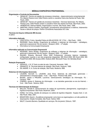 55
MÓDULO ESPECÍFICO PROFISSIONAL
Organização e Controle de Documentos
• SENAI-SP. Técnico em gestão de processos industriais – desenvolvimento comportamental.
Por Alberto Pereira Lima, Célia Pereira Jardim e Juscelina Vieira dos Santos de Paula. São
Paulo, 2002.
• SENAI-SP. Técnico em gestão de processos industriais - Técnicas Gerenciais. Por Alberto
Pereira Lima, Célia Pereira Jardim e Juscelina Vieira dos Santos de Paula. São Paulo, 2002.
• HEMÉRITAS, Ademar Batista. Organização e normas. São Paulo: Atlas, 1998.
• MARTINS, Antônio Castilho. Exportação, procedimento administrativos e rotativos, tratamentos
fiscais e cálculo de preços. Perfom Consultores Associados S/C Ltda.
Técnicas de Arquivo Utilizando MS Access
A definir
Informática Aplicada
• CRISTOFOLI, Fulvio. Apostila Prática do MS-ACCESS. SP. 3ª Ed. – São Paulo : 2005.
• REZENDE, Denis Alcides. Engenharia de software e sistemas de informação – estratégico,
gerencial e operacional. Rio de Janeiro : Brasport, 2002. – 2ª edição
• Informática na Comunicação Empresarial
Informática aplicada na Comunicação Empresarial
• REZENDE, Denis Alcides. Engenharia de software e sistemas de informação – estratégico,
gerencial e operacional. Rio de Janeiro : Brasport, 2002. – 2ª edição.
• AQUINO, Roberta. Microsoft Office 2000 Professional: conceitos básicos; instalação;
configuração; suporte e uso dos programas integrantes: MS Word 2000, MS Excel 2000, MS
PowerPoint 2000, MS Access 2000, Outlook 2000. Microsoft Press. Ed. Berkeley Brasil
Redação Empresarial
• GERALDI, J. W. O Texto na sala de aula. Cascavel, Assoeste, 1985.
• GRANATIC, B. Técnicas básicas de redação. São Paulo, Scipione, 1988.
• DE ANDRÉ, H. A. Curso de redação. São Paulo, Moderna, l988.
Sistemas de Informações Gerenciais
• LAUDON, Kenneth C.; LAUDON, Jane Price. Sistemas de informação gerenciais –
administrando a empresa digital. - 5.ed. – São Paulo : Prentice Hall, 2004.
• McGEE, James e PRUSAK, Laurence. Gerenciamento estratégico da informação. RJ :
Campus, 1994.
• O’BRIEN, James A. Sistemas de informação – e as decisões gerenciais na era da Internet. -
2.ed. - São Paulo : Saraiva, 2004.
Técnicas de Administração de Estoque
• BALLOU, Ronald H. Gerenciamento da cadeia de suprimentos: planejamento, organização e
logística empresarial. São Paulo: Bookman, 2004.
• HONG, Yuh Ching. Gestão de estoques na cadeia de logística integrada : Supply chain. 2. ed.
São Paulo: Atlas, 2001.
• BRADFORD, David L. Excelência empresarial; como levar as organizações a um alto padrão de
desempenho. Edição Completa, São Paulo: Harbra,1995.
• MILET, Evandro Barreira. Qualidade em serviços. Rio de janeiro: Ediouro, 1997.
 