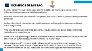 2
Google: Nossa missão é organizar as informações do mundo para que sejam
universalmente acessíveis e úteis para todos.
Microsoft: Permitir às pessoas e às empresas, em todo o mundo, a concretização do seu
potencial.
Mc Donald’s: Servir alimentos de qualidade com rapidez e simpatia num ambiente
limpo e agradável.
Nike: Vender artigos esportivos, buscando inovação tecnológica e proporcionando
conforto para seus clientes
Avon: Ser a companhia que melhor entende e satisfaz as necessidades de produtos, de
serviços e de autorrealização das mulheres no mundo todo.
Apple: A Apple está comprometida a levar a melhor experiência de computação
pessoal a estudantes, a educadores, a profissionais criativos e a consumidores do
mundo todo através de seu hardware, software e serviços de internet inovadores.
EXEMPLOS DE MISSÃO:
 