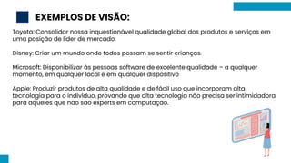 EXEMPLOS DE VISÃO:
2
Toyota: Consolidar nossa inquestionável qualidade global dos produtos e serviços em
uma posição de líder de mercado.
Disney: Criar um mundo onde todos possam se sentir crianças.
Microsoft: Disponibilizar às pessoas software de excelente qualidade – a qualquer
momento, em qualquer local e em qualquer dispositivo
Apple: Produzir produtos de alta qualidade e de fácil uso que incorporam alta
tecnologia para o indivíduo, provando que alta tecnologia não precisa ser intimidadora
para aqueles que não são experts em computação.
 