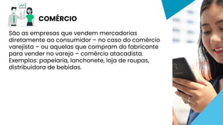 São as empresas que vendem mercadorias
diretamente ao consumidor – no caso do comércio
varejista – ou aquelas que compram do fabricante
para vender no varejo – comércio atacadista.
Exemplos: papelaria, lanchonete, loja de roupas,
distribuidora de bebidas.
COMÉRCIO
 