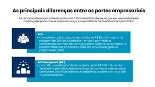 MEI
O rendimento bruto anual tem o teto de R$ 81 mil – com uma
margem de 20% de tolerância – e não é permitida a
contratação de mais de um funcionário além do proprietário. O
recolhimento dos impostos é feito por uma única guia de
pagamento (DAS).
As principais diferenças entre os portes empresariais
As principais diferenças entre os portes são o faturamento bruto anual, que é o responsável pela
mudança de porte caso a empresa cresça, e a quantidade de colaboradores permitidos.
Microempresa (ME)
para ME, o rendimento bruto máximo é de R$ 360 mil por ano.
Também é permitido que empresas de comércio e de serviços
contratem até 9 funcionários e indústrias podem contratar até
19 colaboradores.
 