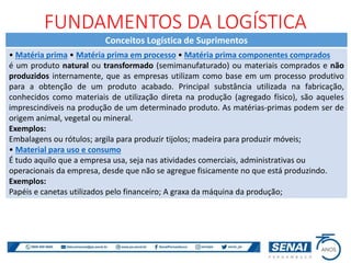 Conceitos Logística de Suprimentos
• Matéria prima • Matéria prima em processo • Matéria prima componentes comprados
é um produto natural ou transformado (semimanufaturado) ou materiais comprados e não
produzidos internamente, que as empresas utilizam como base em um processo produtivo
para a obtenção de um produto acabado. Principal substância utilizada na fabricação,
conhecidos como materiais de utilização direta na produção (agregado físico), são aqueles
imprescindíveis na produção de um determinado produto. As matérias-primas podem ser de
origem animal, vegetal ou mineral.
Exemplos:
Embalagens ou rótulos; argila para produzir tijolos; madeira para produzir móveis;
• Material para uso e consumo
É tudo aquilo que a empresa usa, seja nas atividades comerciais, administrativas ou
operacionais da empresa, desde que não se agregue fisicamente no que está produzindo.
Exemplos:
Papéis e canetas utilizados pelo financeiro; A graxa da máquina da produção;
FUNDAMENTOS DA LOGÍSTICA
 