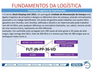 Conceitos Logística de Suprimentos
• O termo Stock Keeping Unit (SKU), em português Unidade de Manutenção de Estoque está
ligado à logística de armazém e designa os diferentes itens do estoque, estando normalmente
associado a um código identificador. Um posto de gasolina pode trabalhar com quatro SKUs
(gasolina sem chumbo, com chumbo, aditivada e diesel) e um hipermercado pode trabalhar
com 60 mil SKUs, pois qualquer diferença na mercadoria (tamanho, cor, sabor), mesmo sendo
de uma mesma marca, representa um SKU diferente.
exemplos: Um caminhão está carregado com 100 caixas de leite gordo e 50 caixas de leite
magro, logo carrega dois SKUs. Falar de 300 SKUs é o mesmo que falar de 300 artigos que se
distinguem todos entre si.
FUNDAMENTOS DA LOGÍSTICA
 