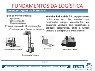 FUNDAMENTOS DA LOGÍSTICA
Veículos Industriais São equipamentos,
motorizados ou não, usados para
movimentar cargas intermitentes, em
percursos variáveis com superfícies e
espaços apropriados, onde a função
primaria é transportar e ou manobrar.
 