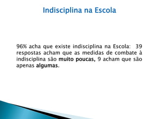 Indisciplina na Escola




96% acha que existe indisciplina na Escola: 39
respostas acham que as medidas de combate à
indisciplina são muito poucas, 9 acham que são
apenas algumas.
 