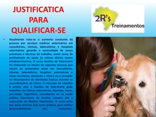 JUSTIFICATICA
PARA
QUALIFICAR-SE
• Atualmente nota-se o aumento constante da
procura por serviços médicos veterinários em
consultórios, clínicas, laboratórios e hospitais
veterinários gerando a necessidade de novos
processos e técnicas de trabalho, assim como de
profissionais de apoio às rotinas diárias nestes
estabelecimentos. O curso Auxiliar de Veterinário
foi elaborado no intuito de capacitar pessoas que
atuam ou pretendem atuar em consultórios,
clínicas, laboratórios, hospitais veterinários e
áreas correlatas, ajudando o clínico ou o cirurgião
no desempenho de atividades básicas durante os
procedimentos de rotina. O mercado de trabalho
é amplo, pois o Auxiliar de Veterinária pode
trabalhar em clínicas veterinárias, fazendas, haras,
pet-shops, frigoríficos, consultórios ou na saúde
pública (Secretaria de Saúde), sempre sob a
supervisão do Médico Veterinário. O curso além
das aulas teóricas terá aulas práticas para melhor
desenvolvimento dos conteúdos.
 