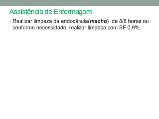 Assistência de Enfermagem
• Realizar limpeza da endocânula(macho) de 8/8 horas ou
 conforme necessidade, realizar limpeza com SF 0,9%.
 