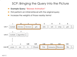 SCP: Bringing the Query into the Picture
MSR'13
 Example Query: “Browser Animation”
 First perform an initial retrieval ...