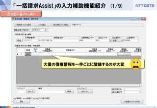 1Copyright © 2014 NTT DATA Corporation
大量の債権情報を一件ごとに登録するのが大変
「一括請求Assist」の入力補助機能紹介 (1/9)
①コピー＆ペースト
 