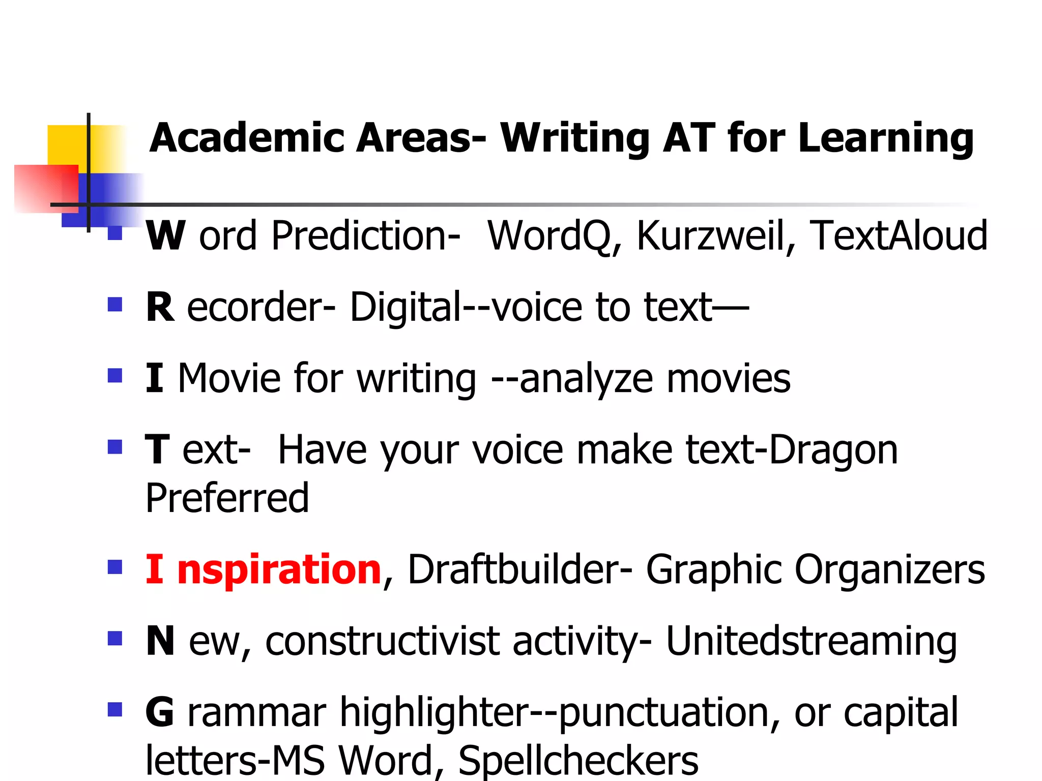 W  ord Prediction-  WordQ, Kurzweil, TextAloud R  ecorder- Digital--voice to text— I  Movie for writing --analyze movies T  ext-  Have your voice make text-Dragon Preferred  I  nspiration , Draftbuilder- Graphic Organizers N  ew, constructivist activity- Unitedstreaming  G  rammar highlighter--punctuation, or capital letters-MS Word, Spellcheckers Academic Areas- Writing AT for Learning   