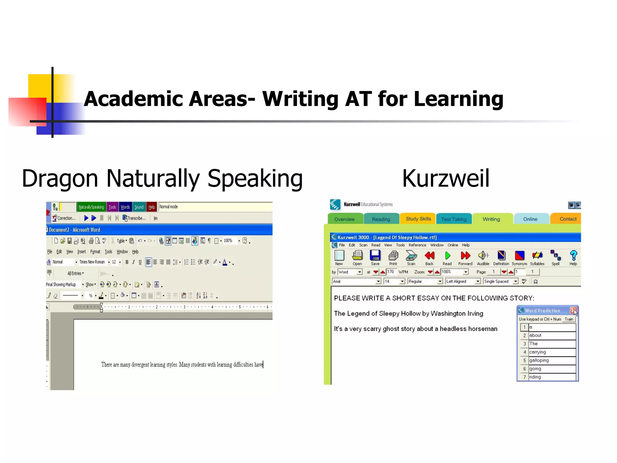 Academic Areas- Writing AT for Learning  Dragon Naturally Speaking Kurzweil  