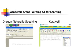 Academic Areas- Writing AT for Learning  Dragon Naturally Speaking Kurzweil  