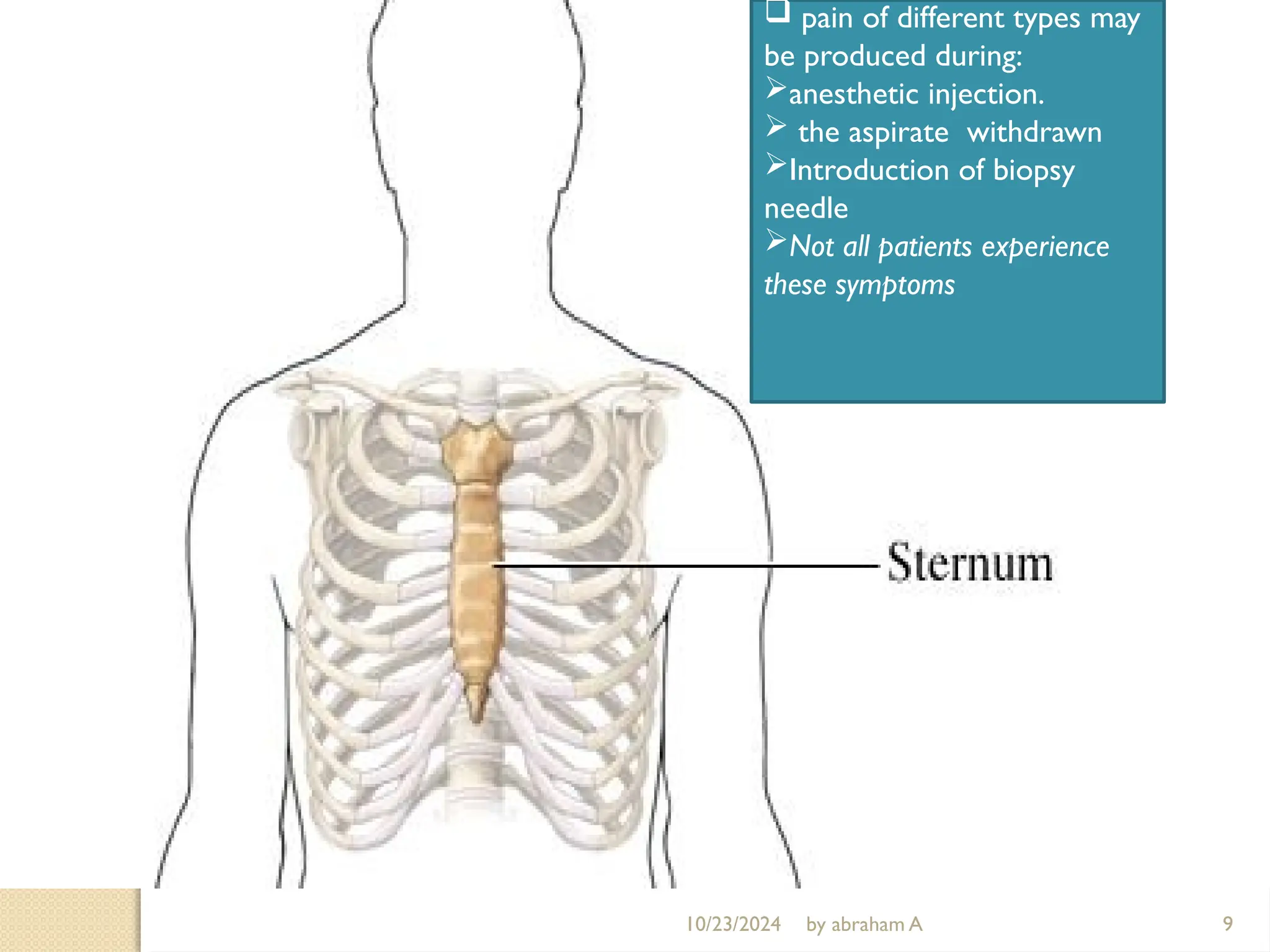 10/23/2024 by abraham A 9
 pain of different types may
be produced during:
anesthetic injection.
 the aspirate withdrawn
Introduction of biopsy
needle
Not all patients experience
these symptoms
 