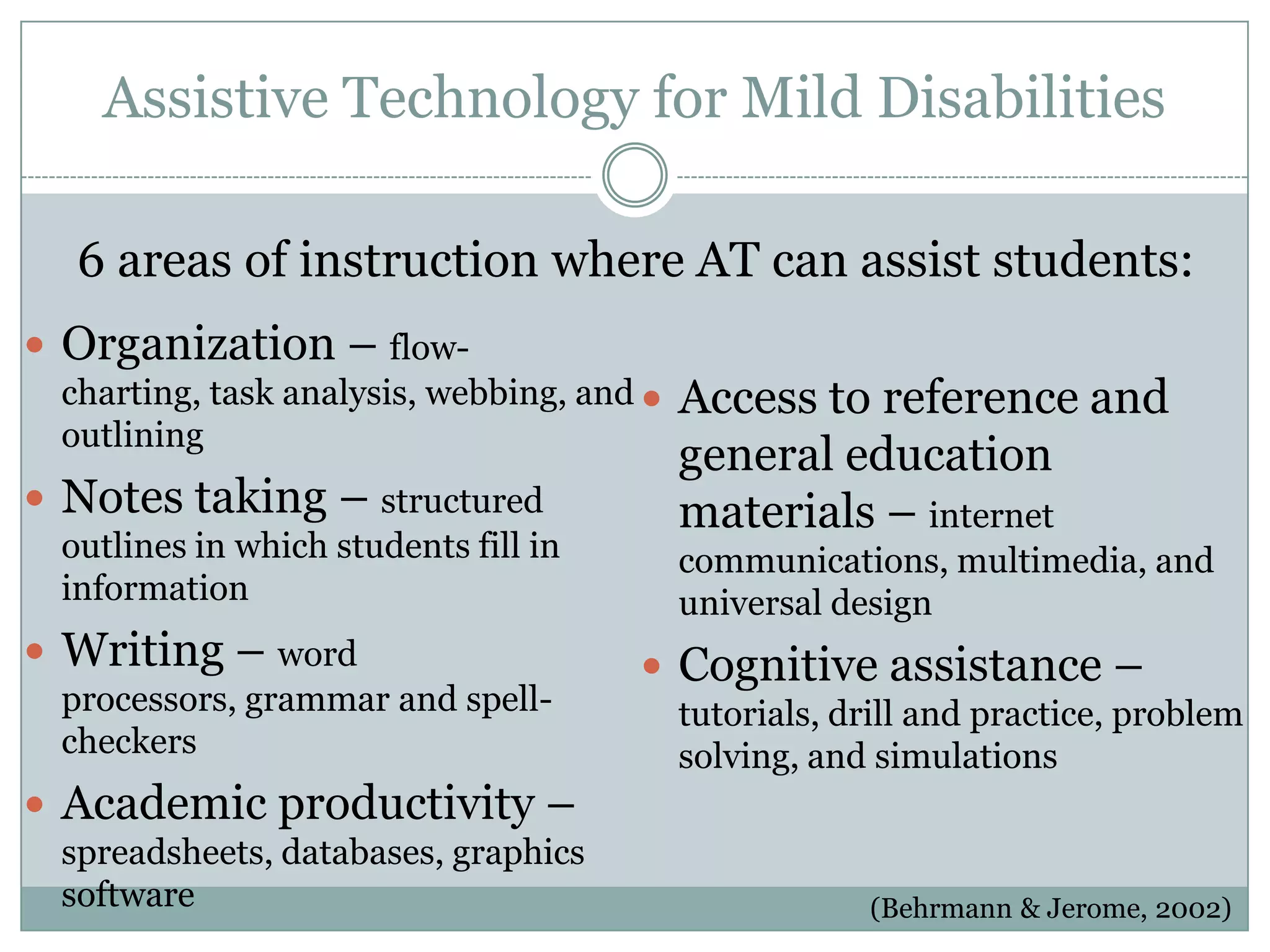 Assistive Technology for Mild Disabilities

  6 areas of instruction where AT can assist students:
 Organization – flow-
 charting, task analysis, webbing, and    Access to reference and
 outlining
                                           general education
 Notes taking – structured                materials – internet
 outlines in which students fill in        communications, multimedia, and
 information                               universal design
 Writing – word                       Cognitive assistance –
 processors, grammar and spell-            tutorials, drill and practice, problem
 checkers                                  solving, and simulations
 Academic productivity –
 spreadsheets, databases, graphics
 software                                              (Behrmann & Jerome, 2002)
 
