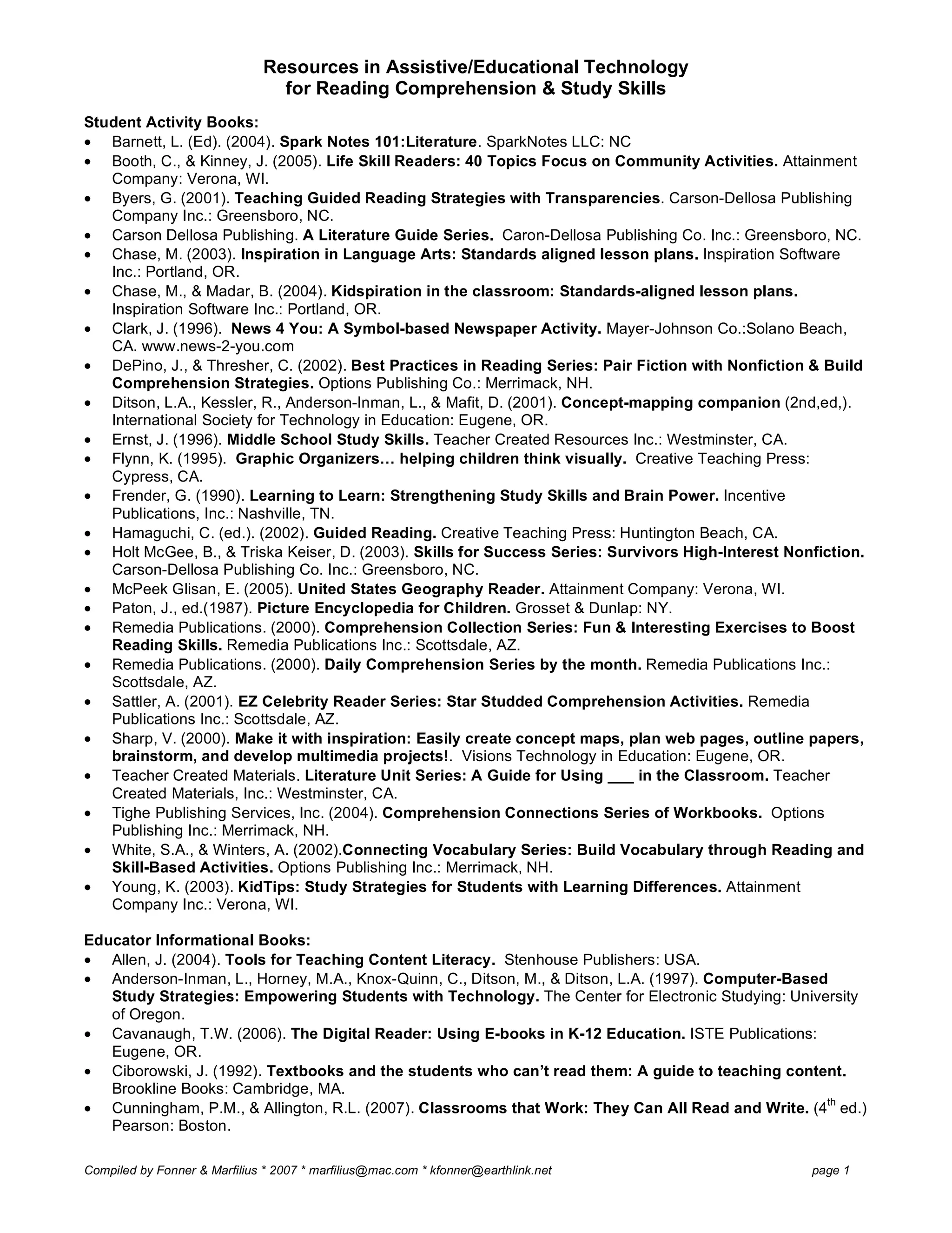 Resources in Assistive/Educational Technology
for Reading Comprehension & Study Skills
Compiled by Fonner & Marfilius * 2007 * marfilius@mac.com * kfonner@earthlink.net page 1
Student Activity Books:
• Barnett, L. (Ed). (2004). Spark Notes 101:Literature. SparkNotes LLC: NC
• Booth, C., & Kinney, J. (2005). Life Skill Readers: 40 Topics Focus on Community Activities. Attainment
Company: Verona, WI.
• Byers, G. (2001). Teaching Guided Reading Strategies with Transparencies. Carson-Dellosa Publishing
Company Inc.: Greensboro, NC.
• Carson Dellosa Publishing. A Literature Guide Series. Caron-Dellosa Publishing Co. Inc.: Greensboro, NC.
• Chase, M. (2003). Inspiration in Language Arts: Standards aligned lesson plans. Inspiration Software
Inc.: Portland, OR.
• Chase, M., & Madar, B. (2004). Kidspiration in the classroom: Standards-aligned lesson plans.
Inspiration Software Inc.: Portland, OR.
• Clark, J. (1996). News 4 You: A Symbol-based Newspaper Activity. Mayer-Johnson Co.:Solano Beach,
CA. www.news-2-you.com
• DePino, J., & Thresher, C. (2002). Best Practices in Reading Series: Pair Fiction with Nonfiction & Build
Comprehension Strategies. Options Publishing Co.: Merrimack, NH.
• Ditson, L.A., Kessler, R., Anderson-Inman, L., & Mafit, D. (2001). Concept-mapping companion (2nd,ed,).
International Society for Technology in Education: Eugene, OR.
• Ernst, J. (1996). Middle School Study Skills. Teacher Created Resources Inc.: Westminster, CA.
• Flynn, K. (1995). Graphic Organizers… helping children think visually. Creative Teaching Press:
Cypress, CA.
• Frender, G. (1990). Learning to Learn: Strengthening Study Skills and Brain Power. Incentive
Publications, Inc.: Nashville, TN.
• Hamaguchi, C. (ed.). (2002). Guided Reading. Creative Teaching Press: Huntington Beach, CA.
• Holt McGee, B., & Triska Keiser, D. (2003). Skills for Success Series: Survivors High-Interest Nonfiction.
Carson-Dellosa Publishing Co. Inc.: Greensboro, NC.
• McPeek Glisan, E. (2005). United States Geography Reader. Attainment Company: Verona, WI.
• Paton, J., ed.(1987). Picture Encyclopedia for Children. Grosset & Dunlap: NY.
• Remedia Publications. (2000). Comprehension Collection Series: Fun & Interesting Exercises to Boost
Reading Skills. Remedia Publications Inc.: Scottsdale, AZ.
• Remedia Publications. (2000). Daily Comprehension Series by the month. Remedia Publications Inc.:
Scottsdale, AZ.
• Sattler, A. (2001). EZ Celebrity Reader Series: Star Studded Comprehension Activities. Remedia
Publications Inc.: Scottsdale, AZ.
• Sharp, V. (2000). Make it with inspiration: Easily create concept maps, plan web pages, outline papers,
brainstorm, and develop multimedia projects!. Visions Technology in Education: Eugene, OR.
• Teacher Created Materials. Literature Unit Series: A Guide for Using ___ in the Classroom. Teacher
Created Materials, Inc.: Westminster, CA.
• Tighe Publishing Services, Inc. (2004). Comprehension Connections Series of Workbooks. Options
Publishing Inc.: Merrimack, NH.
• White, S.A., & Winters, A. (2002).Connecting Vocabulary Series: Build Vocabulary through Reading and
Skill-Based Activities. Options Publishing Inc.: Merrimack, NH.
• Young, K. (2003). KidTips: Study Strategies for Students with Learning Differences. Attainment
Company Inc.: Verona, WI.
Educator Informational Books:
• Allen, J. (2004). Tools for Teaching Content Literacy. Stenhouse Publishers: USA.
• Anderson-Inman, L., Horney, M.A., Knox-Quinn, C., Ditson, M., & Ditson, L.A. (1997). Computer-Based
Study Strategies: Empowering Students with Technology. The Center for Electronic Studying: University
of Oregon.
• Cavanaugh, T.W. (2006). The Digital Reader: Using E-books in K-12 Education. ISTE Publications:
Eugene, OR.
• Ciborowski, J. (1992). Textbooks and the students who can’t read them: A guide to teaching content.
Brookline Books: Cambridge, MA.
• Cunningham, P.M., & Allington, R.L. (2007). Classrooms that Work: They Can All Read and Write. (4
th
ed.)
Pearson: Boston.
 