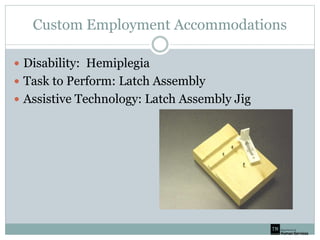 Custom Employment Accommodations
 Disability: Hemiplegia
 Task to Perform: Latch Assembly
 Assistive Technology: Latch Assembly Jig
 