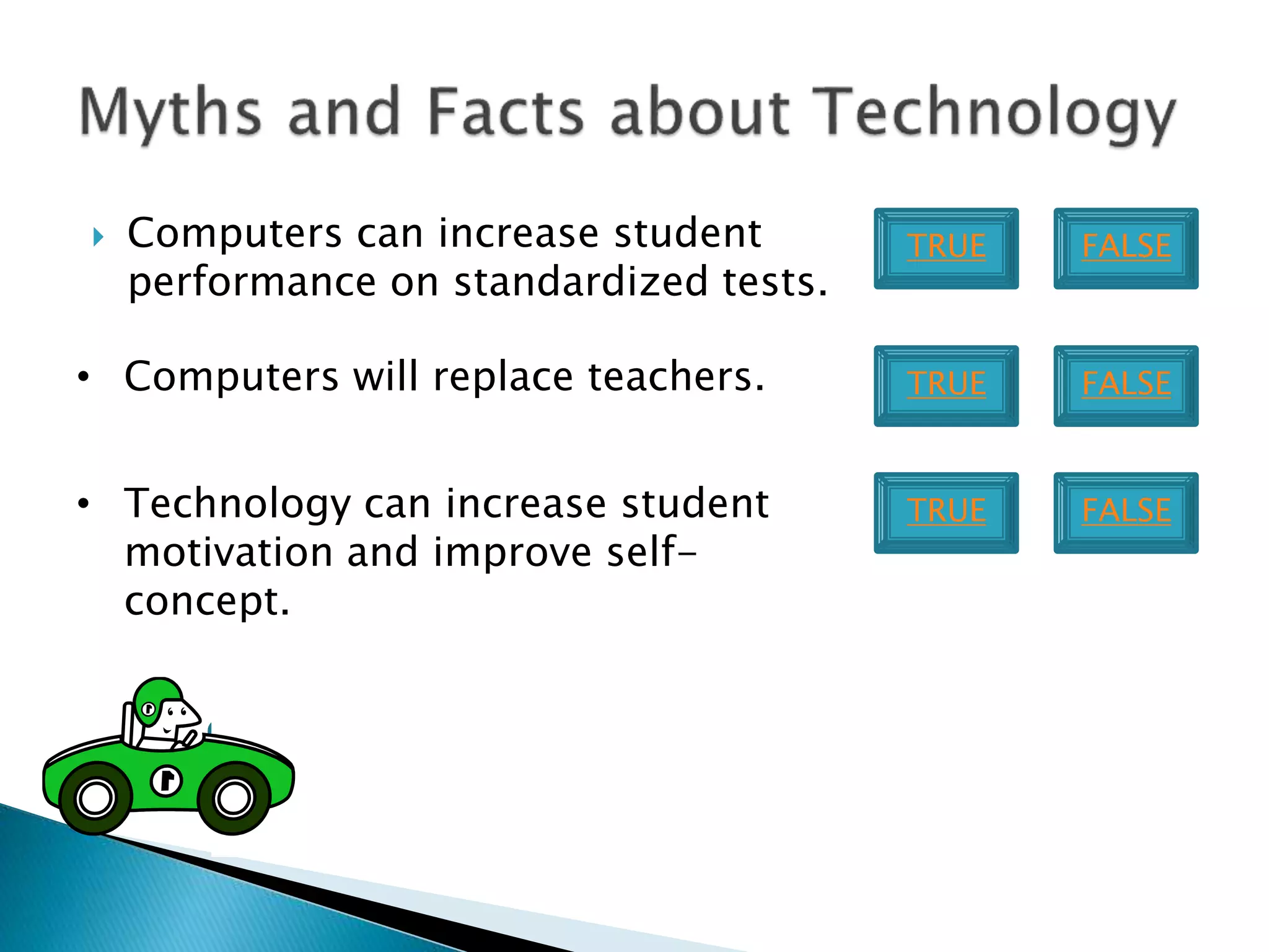 Nice Job!
 Computers can increase student
performance on standardized tests.
• Computers will replace teachers.
• Technology can increase student
motivation and improve self-
concept.
TRUE FALSE
TRUE FALSE
TRUE FALSE
 
