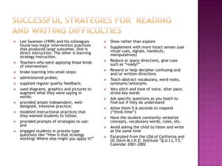    Lee Swanson (1999) and his colleagues          Show rather than explain
    found two major intervention practices         Supplement with more intact senses (use
    that produced large outcomes. One is            visual cues, signals, handouts,
    direct instruction. The other is learning       manipulatives)
    strategy instruction.
                                                   Reduce or space directions, give cues
   Teachers who were applying those kinds          such as “ready?”
    of intervention:
   broke learning into small steps;               Reword or help decipher confusing oral
                                                    and/or written directions
   administered probes;                           Teach abstract vocabulary, word roots,
   supplied regular quality feedback;              synonyms/antonyms
   used diagrams, graphics and pictures to        Vary pitch and tone of voice, alter pace,
    augment what they were saying in                stress key words
    words;                                         Ask specific questions as you teach to
   provided ample independent, well-               find out if they do understand
    designed, intensive practice;                  Allow them 5-6 seconds to respond
   modeled instructional practices that            (“think time”)
    they wanted students to follow;                Have the student constantly verbalize
   provided prompts of strategies to use;          concepts, vocabulary words, rules, etc.
    and                                            Avoid asking the child to listen and write
   engaged students in process type                at the same time
    questions like “How is that strategy           Excerpted from the LDA of California and
    working? Where else might you apply it?”        UC Davis M.I.N.D. Institute "Q.U.I.L.T.S."
                                                    Calendar 2001-2002
 