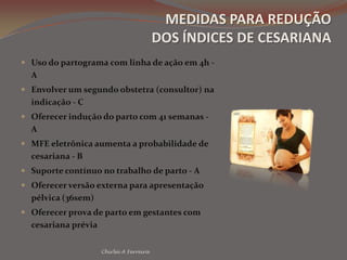  Critérios claros para o diagnóstico de fase ativa de TP reduz o uso de ocitocina, OR=0,45 (IC 0,25 a 0,8) e analgesia, OR= 0,36 (IC 0,16 a 0,78) (A).